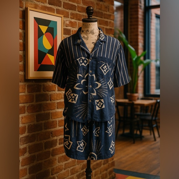 Vintage 1992 Matching Set by Conrad C. – Indigo Shirt + Shorts | Canada | Rayon - Picture 1 of 12